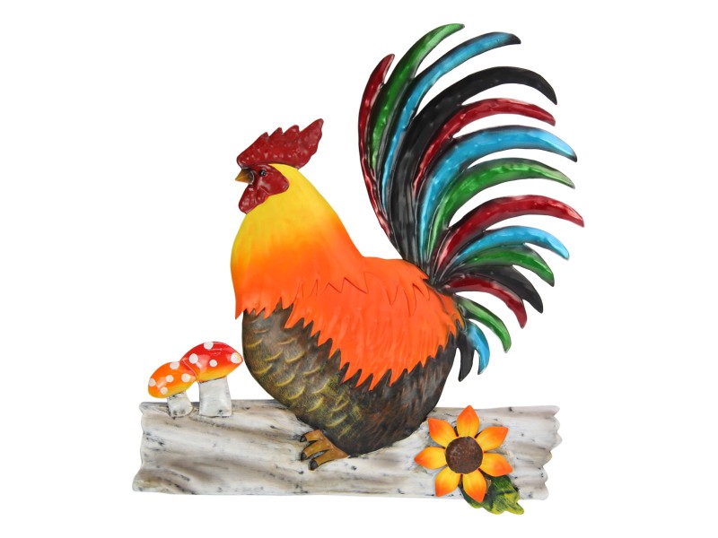 Metal Rooster on Log Wall Plaque